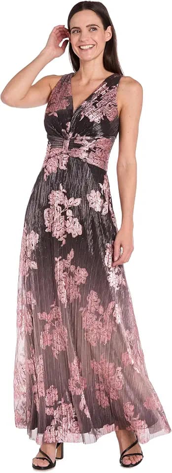 R&M Richards Women's Ombre Floral Pleated Maxi Dress W/Waistband Accent & V-Neck - Sleeveless Cocktail Party Sleeveless