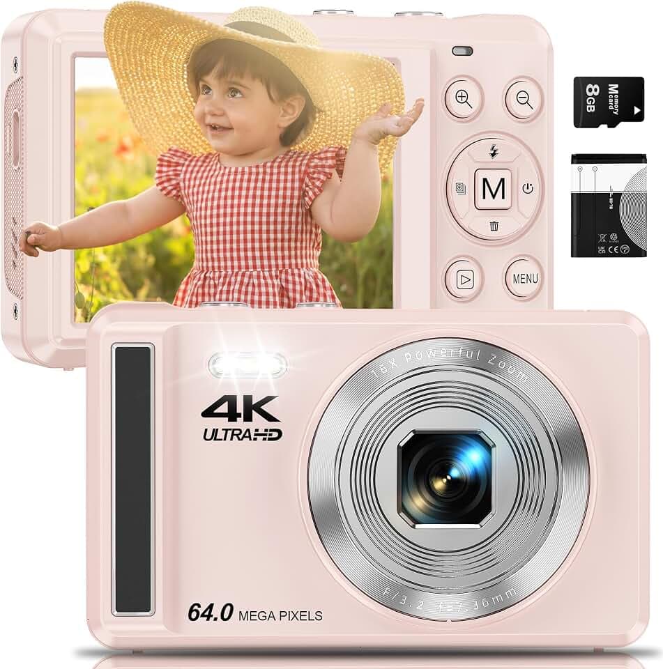 Digitalkamera 4K 64 MP mit Autofokus | Tragbare Kompaktkamera mit Mikro-SD-Karte, 1200mAh Batterie und USB-Kabel | Ideal für Teenager und Anfänger