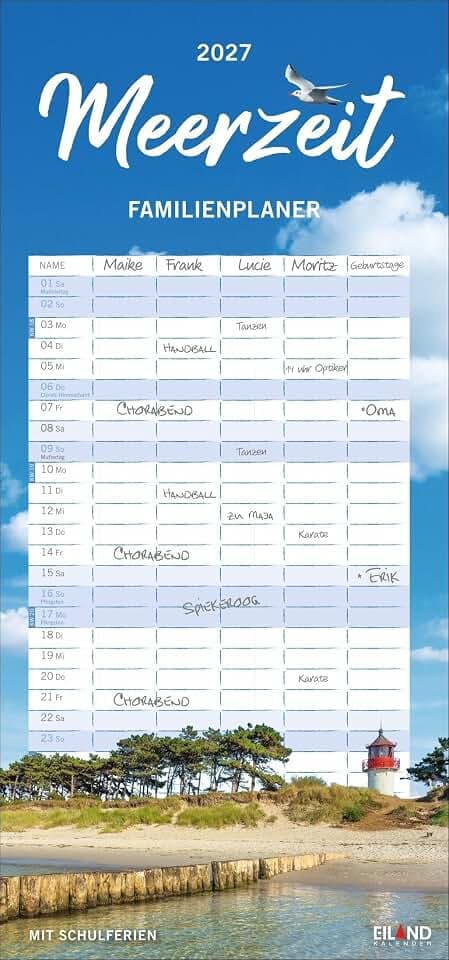 Meerzeit Familienplaner 2027: Wunderschöne Naturaufnahmen und Küsten-Motive von Nord- bis Ostsee. Maritime Urlaubsstimmung im Familienkalender mit 5 Spalten. Wandplaner im Format 21 x 45 cm