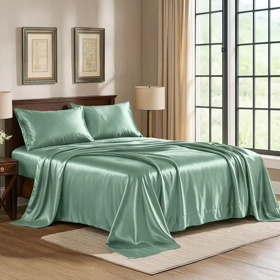 Satin Sheets Queen [4-Piece, Champagne Green] Hotel Luxury Silky Bed Sheets - Extra Soft 1800 Microfiber Sheet Set, Wrinkle, Fade, Stain Resistant - Deep Pocket Fitted Sheet, Flat Sheet, Pillow Cases