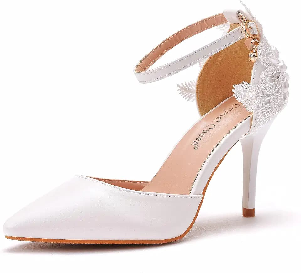 Crystal Queen Women's High Heel Pumps Pointed Closed Toe Sandals White Lace Pearls Strap Stiletto Heels Bridal Wedding Party Shoes