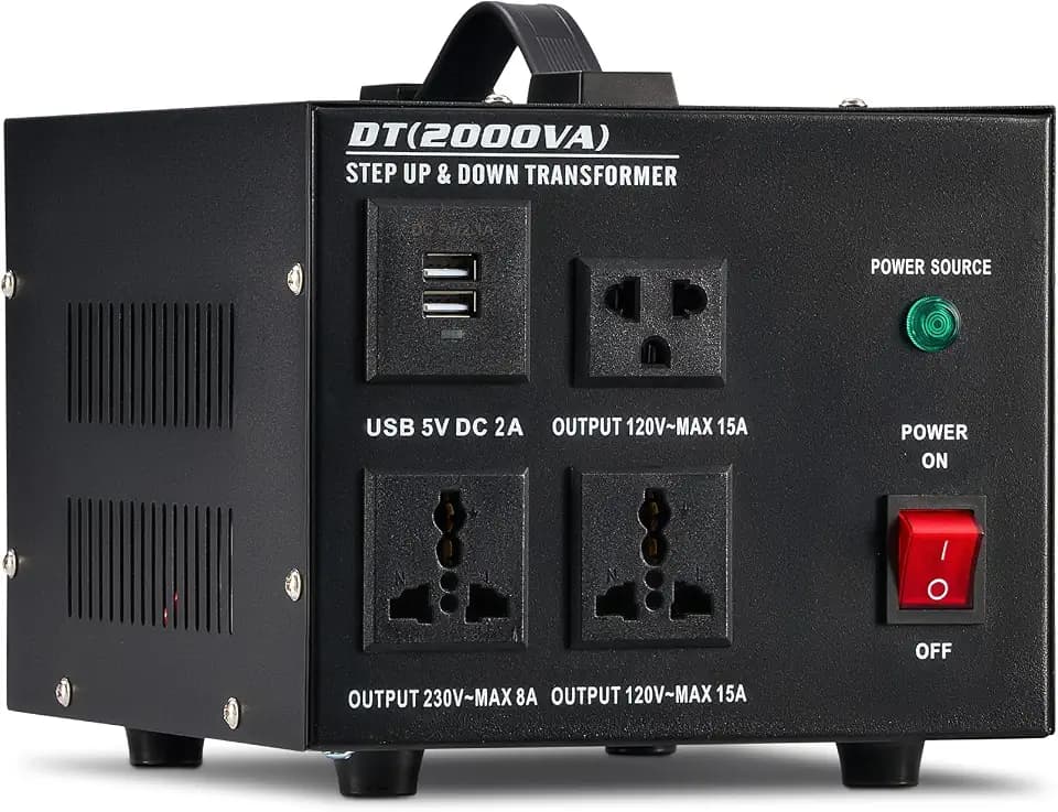CREWORKS Step Up Down Spannungswandler 2000W Transformator mit 110V/220V-Steckdosen 5-V-USB-Anschlüssen Automatischer Transformator 110V⇋220V mit automatischer Unterbrechung
