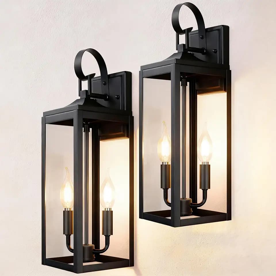 OKELI 17.6" 2-Pack Outdoor Wall Light Fixture, Large Exterior Porch Lighting 2-Light Farmhouse Outside Lantern Lights with Clear Glass Waterproof Wall Sconces Lamp for House Garage