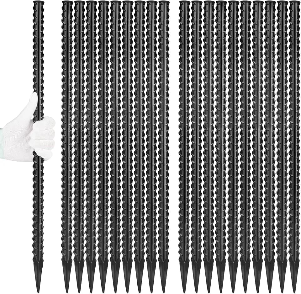 Besitu 24 Inches Straight Rebar Stakes(20-Pack), 1/2" Diameter Steel Metal Stakes for Garden with Chisel Point End Heavy Duty Ground Anchors for Landscape, Concrete Form, Camping & Trapping Black