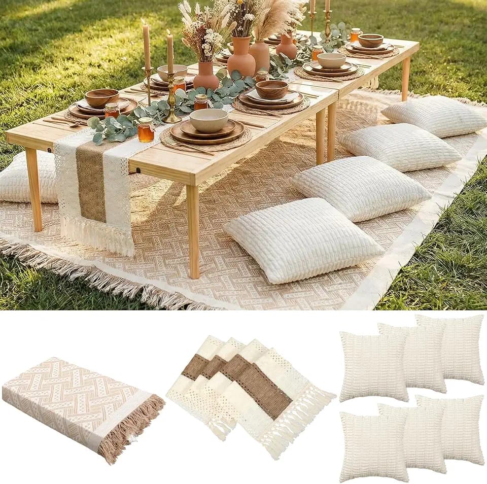 Beeveer Extra Large Outdoor Boho Picnic Blanket 118'' x 71'' Beige White Table Runner 6 Throw Pillow Cover Woven Cotton Yarn Oversize Beach Blanket Washable for Picnic Camp Wedding