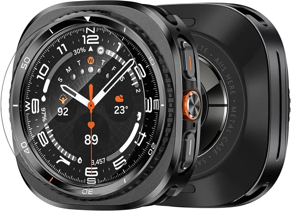 3 in 1 Metal Case for Samsung Galaxy Watch Ultra 47mm with Screen Protector, Rugged Metal Bumper with 9H Tempered Glass Film + Back Cover for Galaxy Watch Ultra 47mm