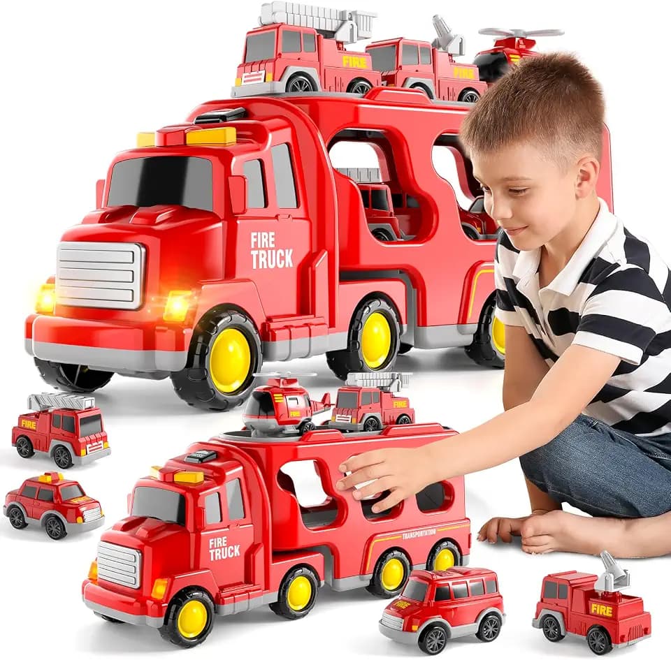 Toys Truck de Transport für 3-6 Jahre, Feuerwehr 7 in 1 mit Klang und Licht Truck Spielzeug Kind Auto Geschenk Geburtstag Fahrzeuge, Reibung Kraft Spielzeug für Jungen Mädchen 4 5 6 Jahre