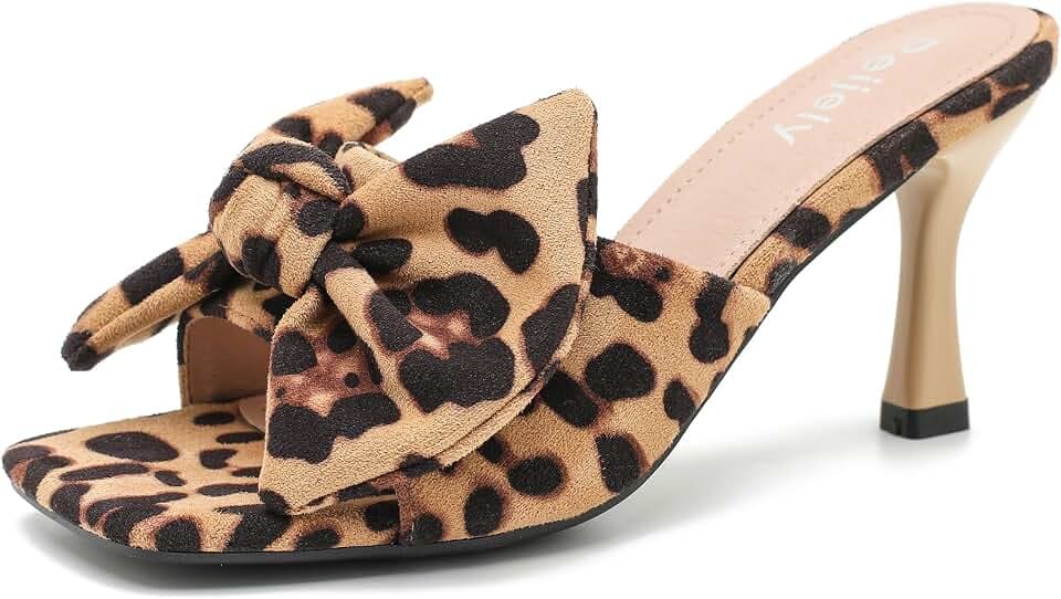 Women's Bow Mules, Square Open Toe Sandals with 2.95 Inch Heel, Slip-On Summer Slides