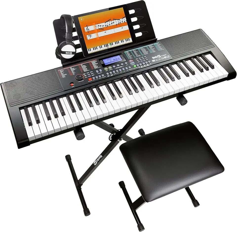 RockJam RJ660 Keyboard Piano Set 61 Tasten, 600 Sounds, mit Ständer | Einsteiger Keyboard Set mit 600 Sounds, Klavier Unterricht, Ständer, Hocker und Kopfhörern für Kinder und Erwachsene
