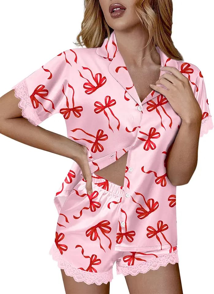 Ekouaer Women Lace Satin Pajama Set Button Down Silk Pjs Shorts Set XS-XXL