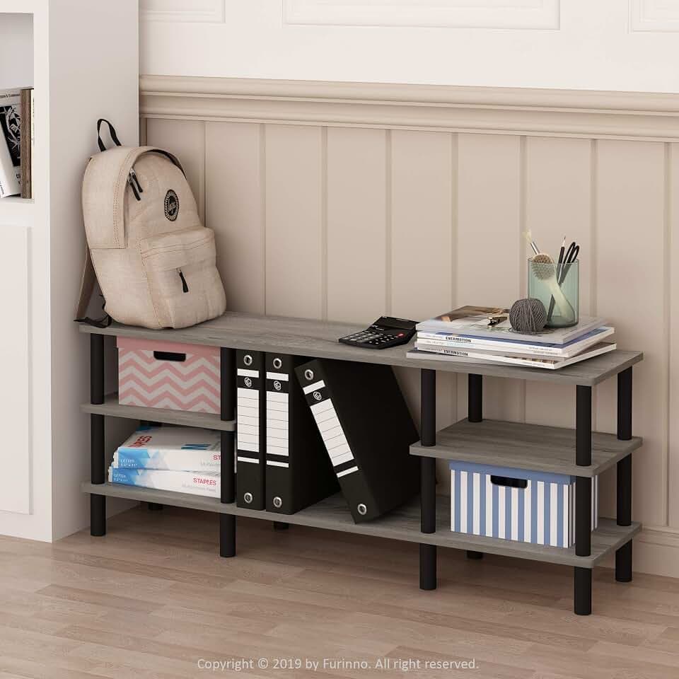 Furinno Turn-N-Tube Toolless Assembly TV Stand for TV up to 55 Inch, 3-Tier Grey Entertainment Center with Storage Shelf, TV Console, for Living Room, Bedroom, Grey Oak