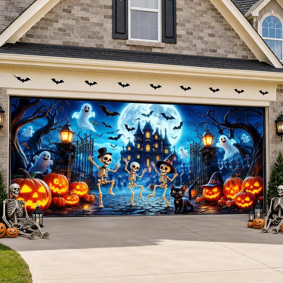 7 * 16FT Skeleton Party Garage Door Cover, Halloween Decor