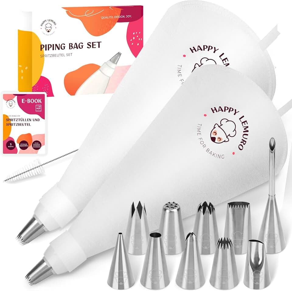 Premium Spritzbeutel Set (15-teilig) - 2 Baumwoll-Spritztüten (35 & 40cm) mit großen Spritztüllen - Spritzbeutel mit Tüllen für Torten Dekoration - wiederverwendbar und spülmaschinenfest