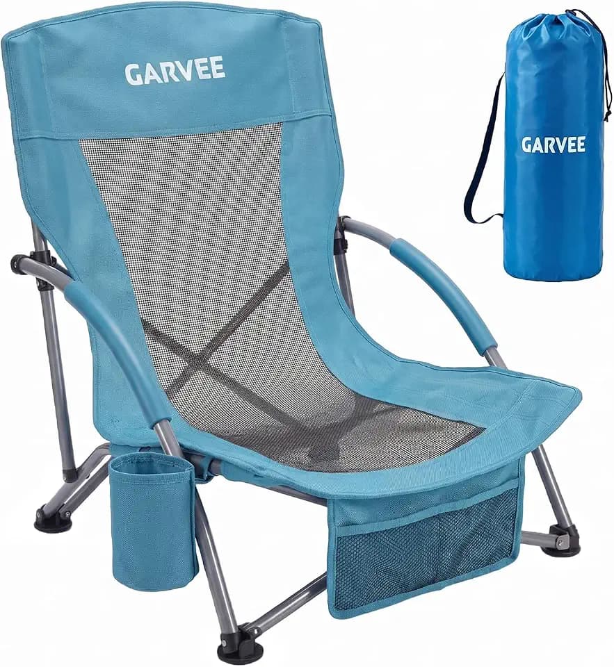 Garvee Low Beach Chair, Folding Portable Beach Chairs for Adults, Lightweight Extra Wide Seat Chair with Cup Holder, Storage Pocket & Carry Bag for Camping, Beach, Travel