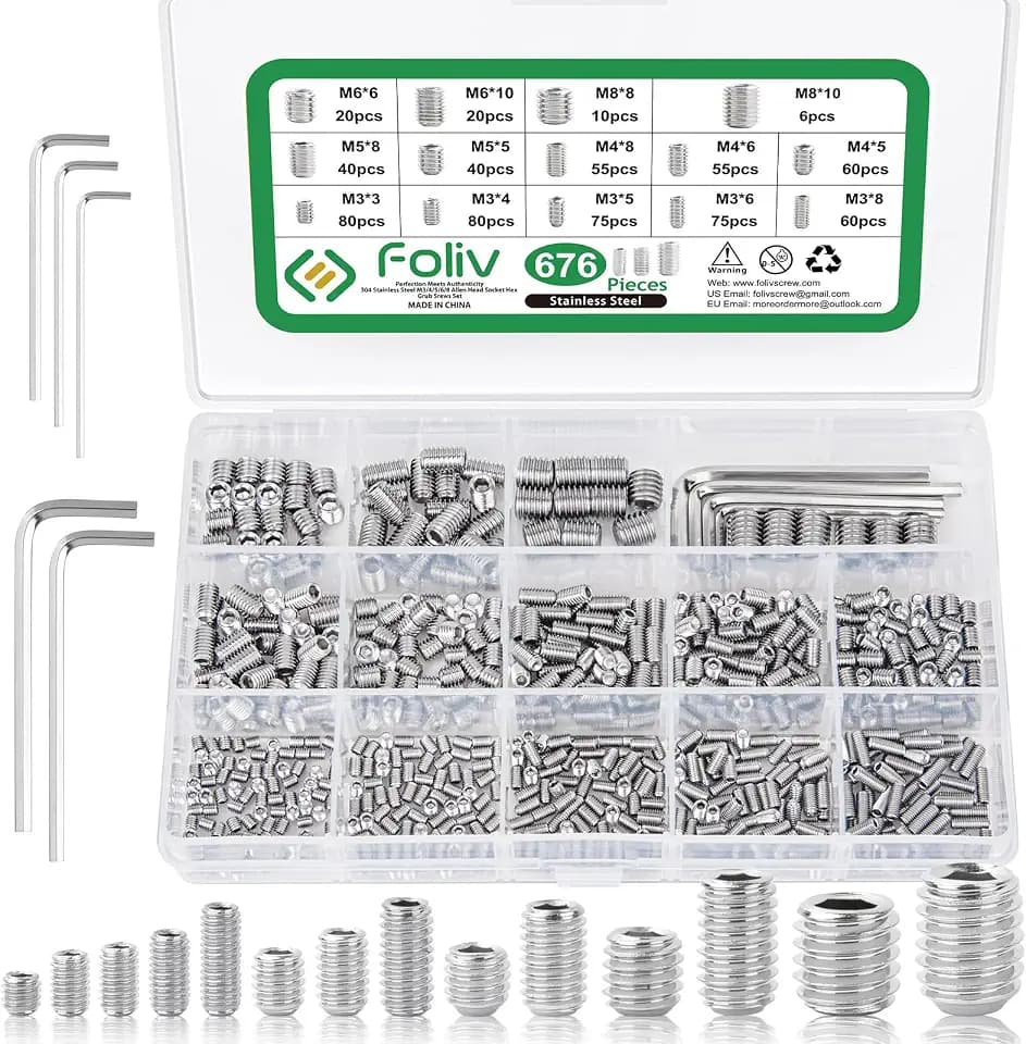 Foliv 676 Stück Madenschrauben Sortiment Set Edelstahl M3 M4 M5 M6 M8 Madenschrauben/Innensechskant Gewindestifte DIN 913,Sechskantkopf Schrauben mit Schraubenschlüssel für Türgriff, Türklinke