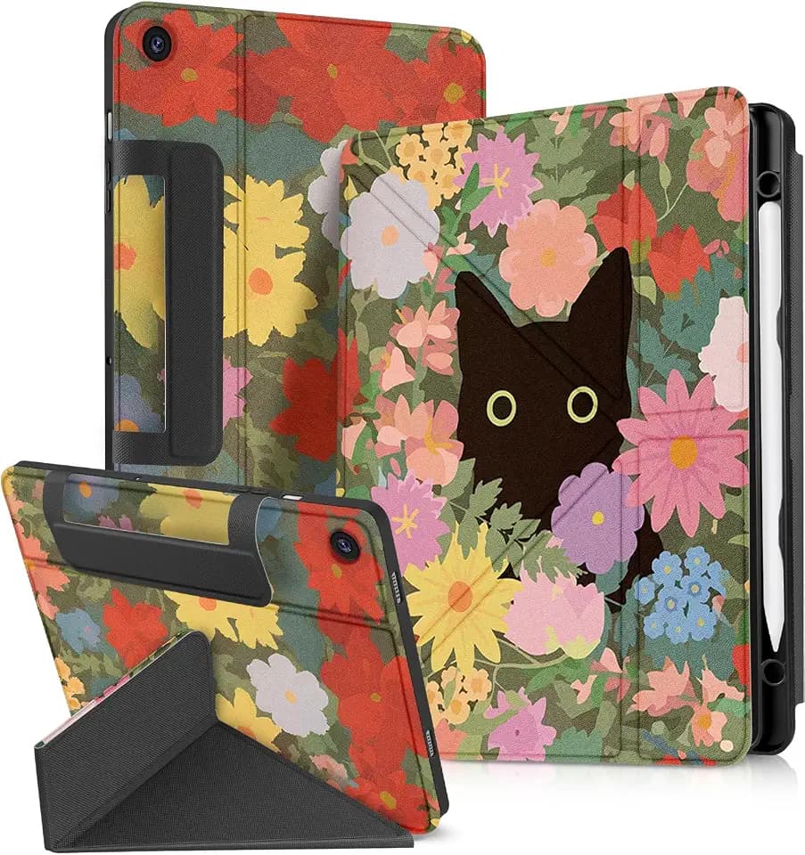 Miss Adola for Samsung Galaxy Tab A9 Plus Case with Pen Holder - for Girls Women Boys Cute Cartoon Cool Anime Kawaii Fun Protector Stand Folio, Cat Flower