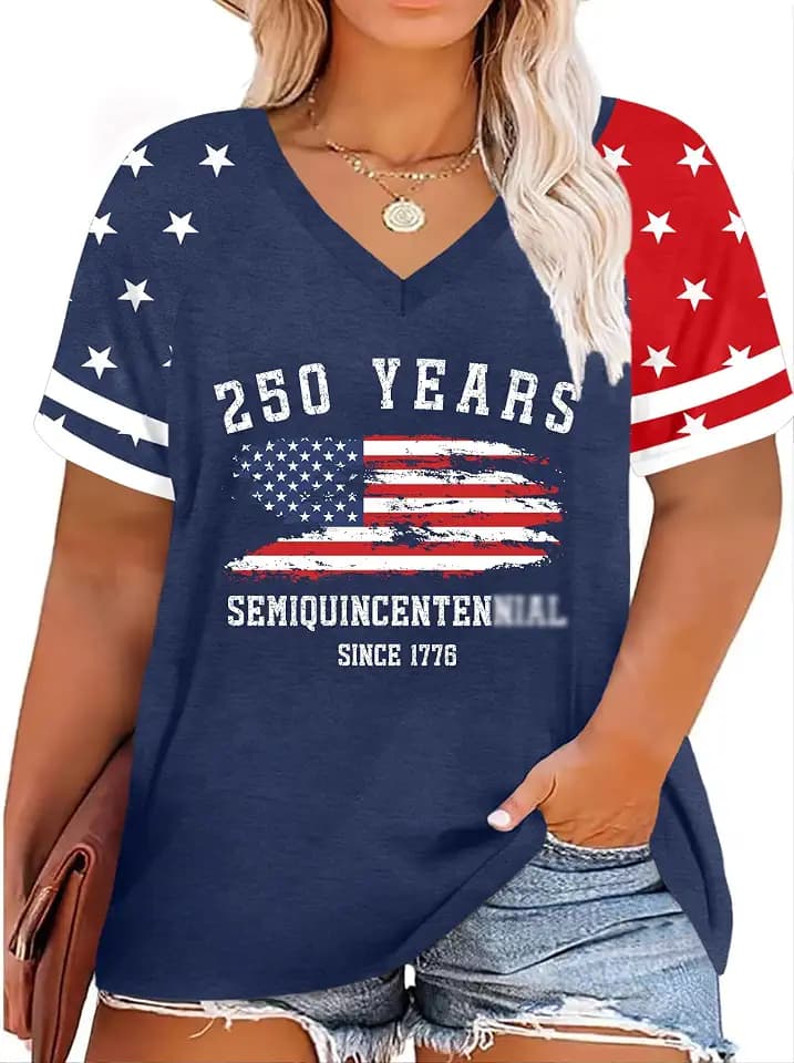 Plus Size Tops American Flag Shirts Womens V Neck Patriotic Tshirt USA Graphic Tee 4th of July T-Shirt
