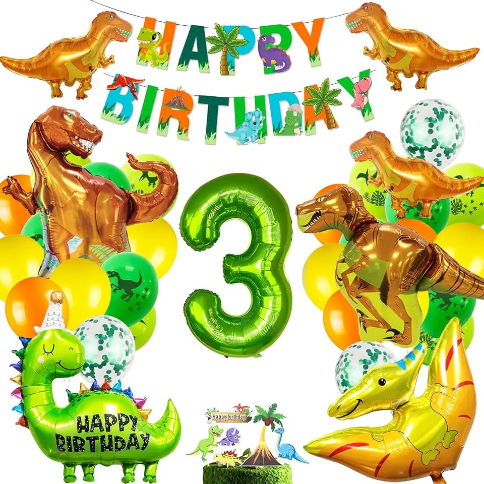 Dinosaurier-Geburtstagsparty-Dekorationsset, Geburtstagsparty-Zubehör, 3 Jahre alt für Jungen und Mädchen, inklusive Luftballons, Folienballons, Banner, Tortenaufsatz