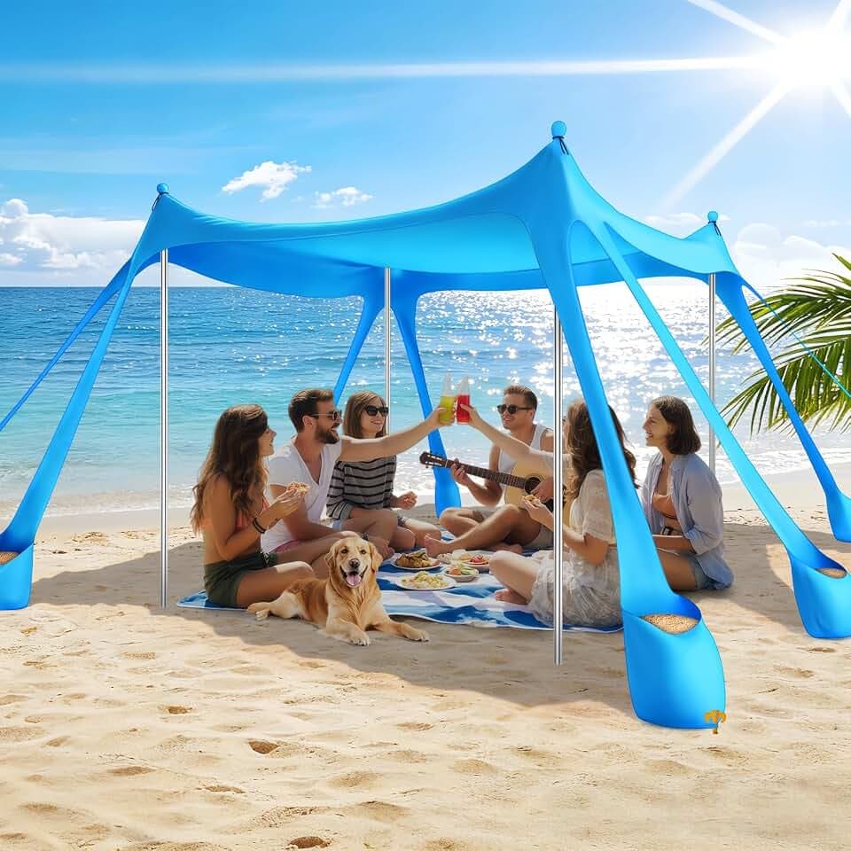 Beach Tent Sun Shelter 10x10FT, UPF 50+ Beach Shade Canopy with 8 Sandbags