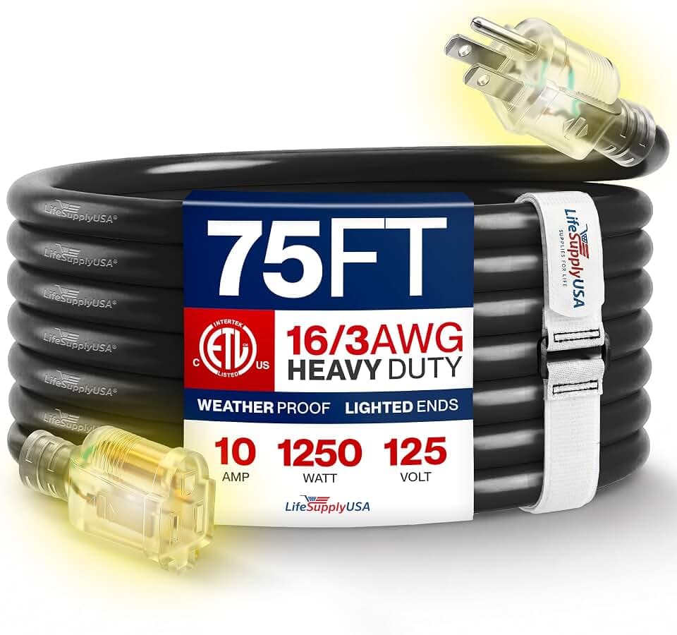 75ft Outdoor/Indoor Extension Cord 16/3 Gauge Heavy Duty 3 Prong SJTW, Waterproof, ETL Listed, Flexible Cold-Resistant Long Power Cord,10A 125V 1250W, Black by LifeSupplyUSA