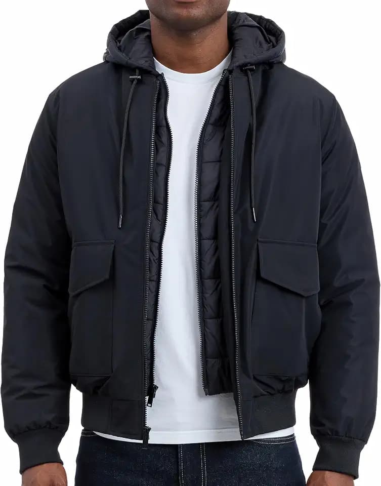 Michael Kors Men's Puffer Bomber Jacket for Men With Insulating Vest-style Bib, Extra Warm Bomber for Cold Weather