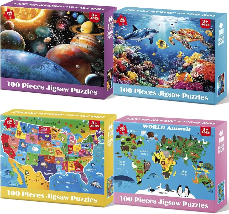 4 Packs 100 Piece Puzzles for Kids Ages 4-6 6-8 8-10, Educational Kids Jigsaw Puzzle Set, Ocean Space US Map World Animals Learning Puzzle Toy Gift for Boys Girls Teens Adults Kids Puzzles 4-6 5-8