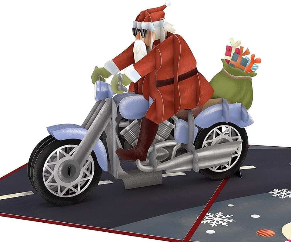 Lovepop® 3D Pop-Up Karte Weihnachten Santa Biker Motorrad Weihnachtskarte Weihnachtsmann | mit Versteckfach für Geldgeschenke & Gutscheine | inkl. Umschlag | Ausziehbare Notiz