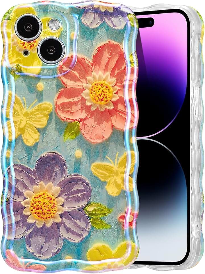 EYZUTAK für iPhone 15 Plus/14 Plus Hülle, Ölgemälde Schmetterling Blume
