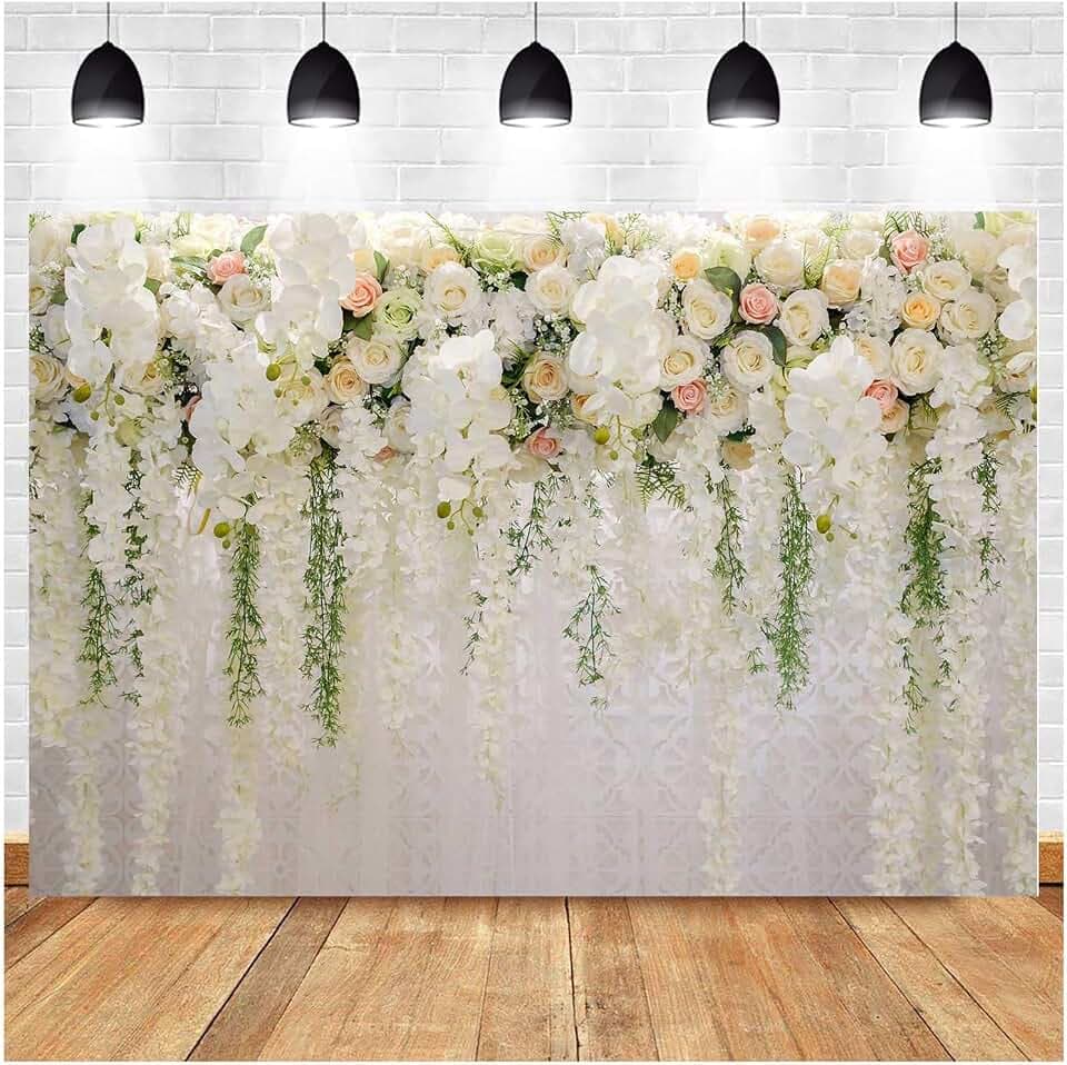 White Rose Floral Theme Photography Backdrops Bridal Shower Wedding Flowers Photo Background Baby Girl Birthday Party Portrait Dessert Cake Table Decor Photo Booth Studio Props 7x5ft