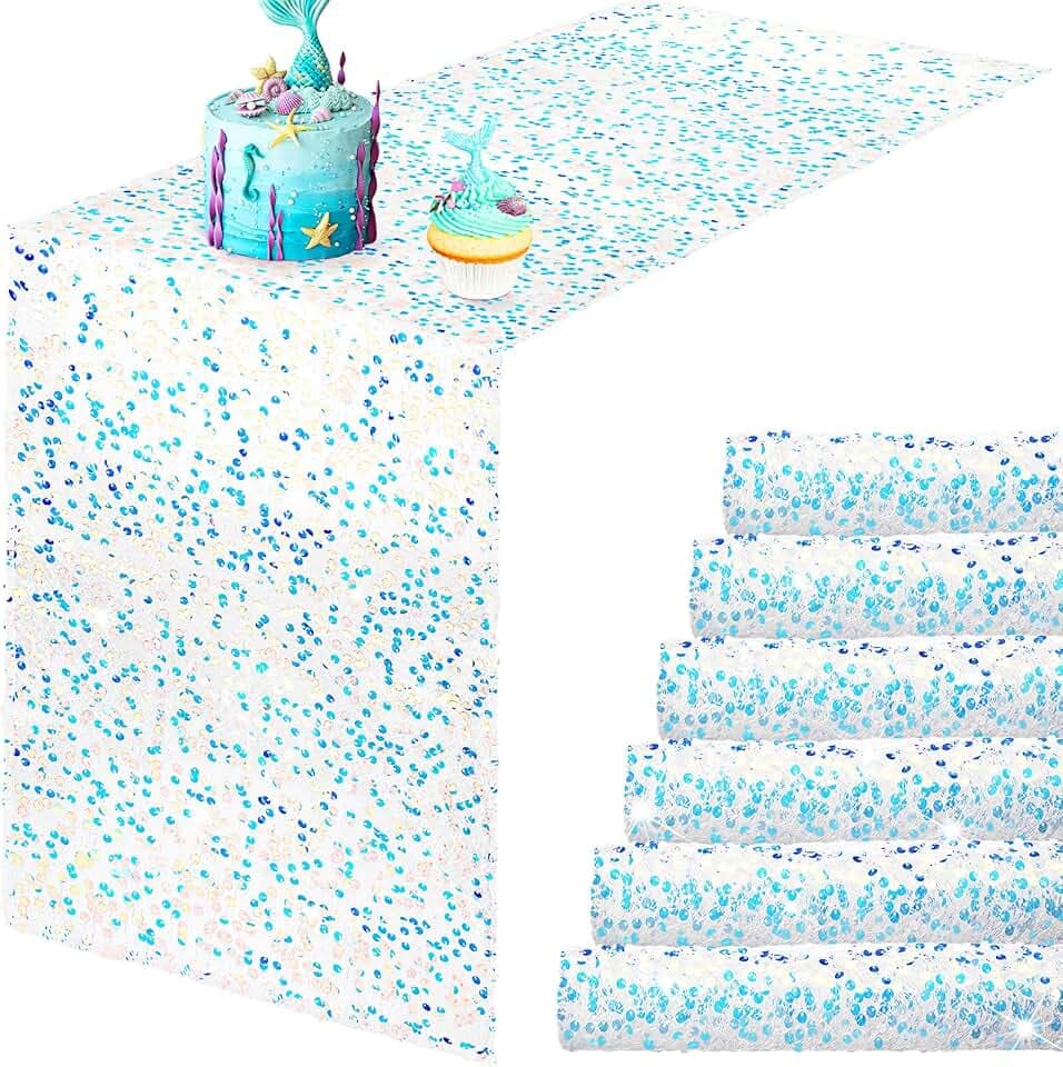 Remagr 6 Pcs Iridescent Mermaid Sequin Table Runner, White