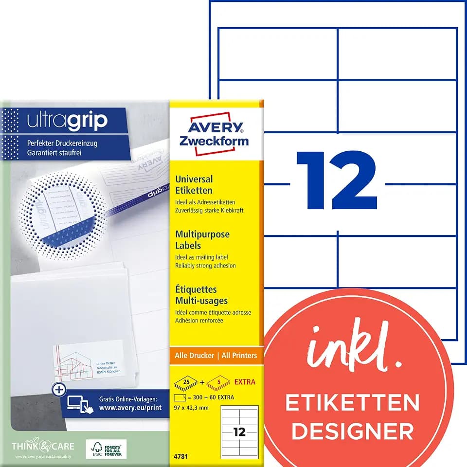 AVERY Zweckform 4781 Adressaufkleber (300 plus 60 Klebeetiketten extra, 97x42,3mm auf A4, Papier matt, bedruckbare Absenderetiketten, selbstklebende Adressetiketten mit ultragrip) 30 Blatt, weiß