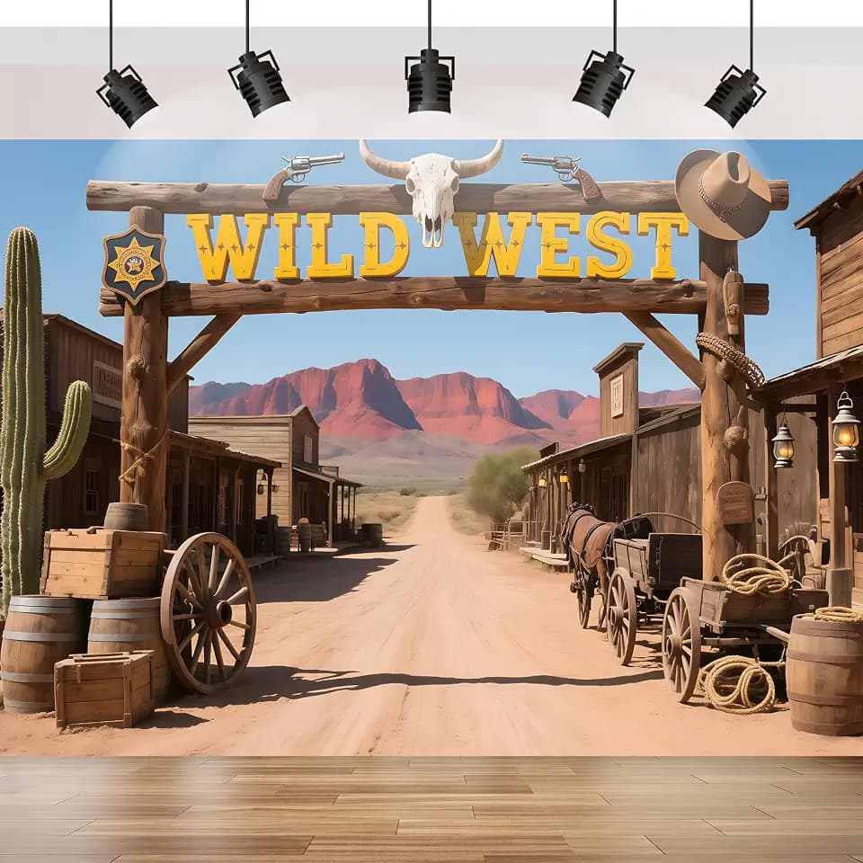 Wild West Backdrop 10X6.5FT,Wild West Rustic Town Theme Photography Banner