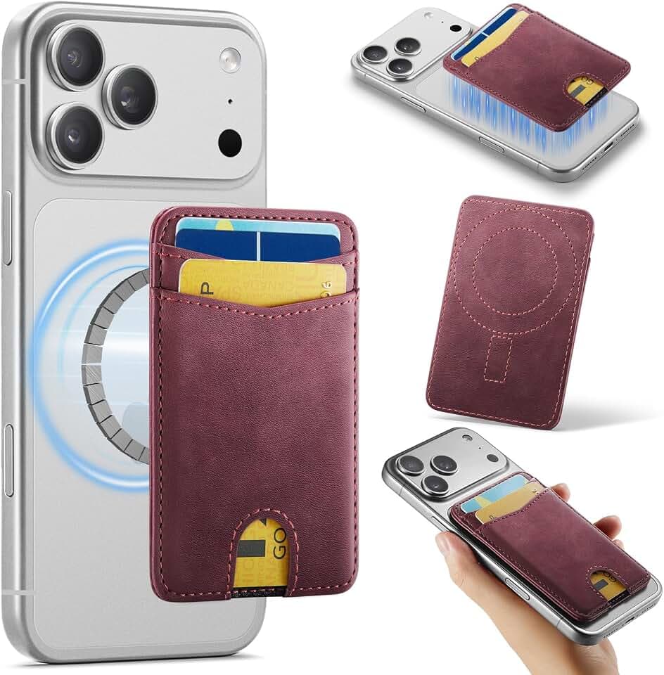 KZB für MagSafe Wallet für Magsafe Kartenhalter mit 2 Kartenfächer RFID Schutz PU Leder Minimalistisch Magnetisches Wallet für iPhone 17/16/15/14/13/12/ Pro/Max/Plus, Rot