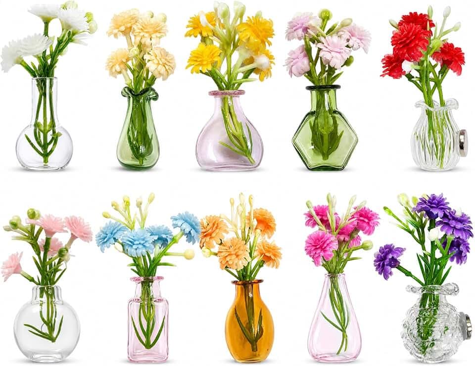 10-Pack Mini Vase Magnets for Fridge with Flowers, Glass Vases