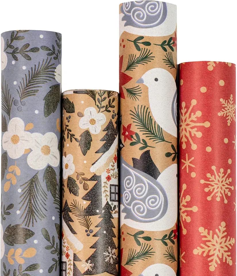 RUSPEPA Weihnachts-Geschenkpapier, Kraftpapier – Taube, Schneeflocke, Blume und Haus – 4 Rollen – 43,5 x 305 cm pro Rolle