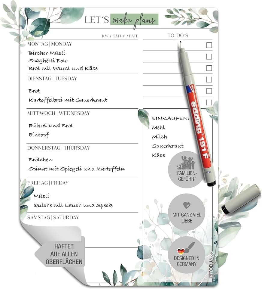 TOBJA Essensplaner Woche abwischbar inkl. Markenstift | Haftet auf allen Oberflächen, wieder ablösbar | Wiederverwendbarer Menüplaner, Speiseplan, Meal Planner (inkl. Markenstift)