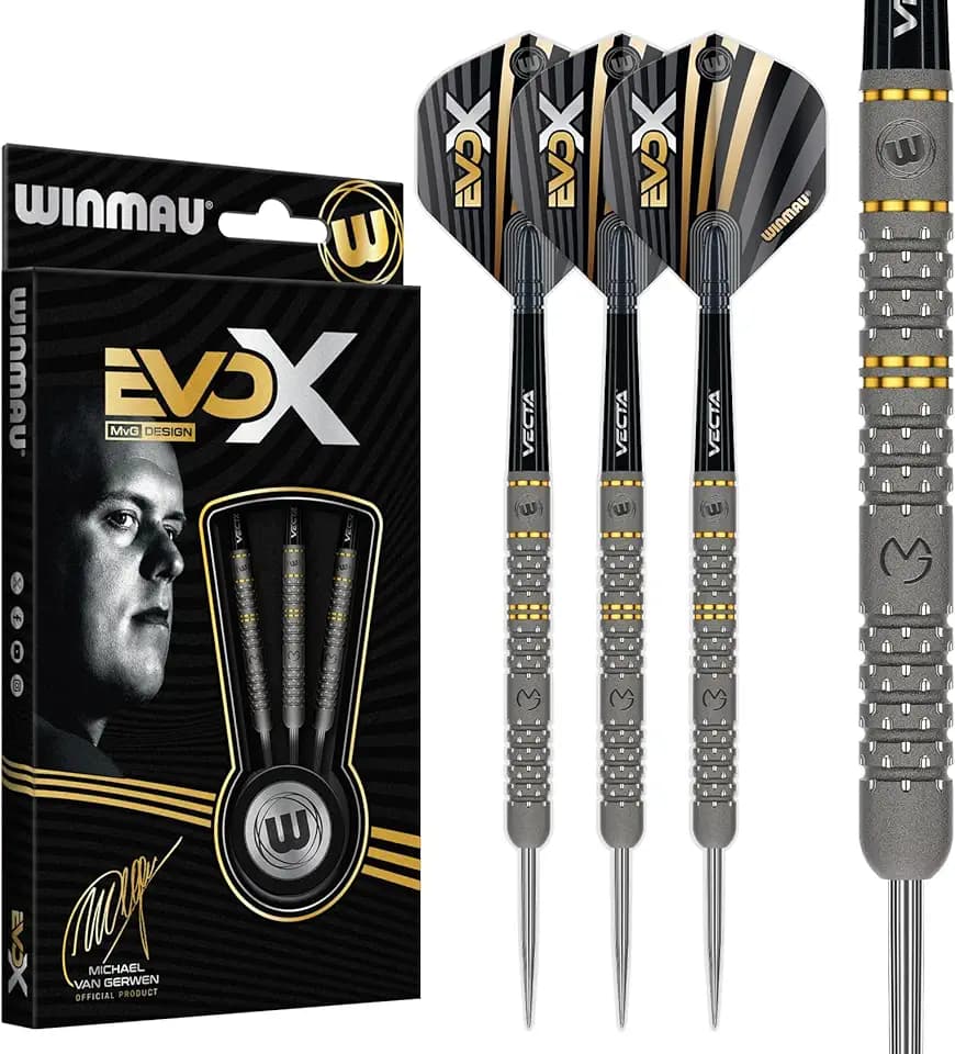 WINMAU – Michael Van Gerwen MvG - EvoX Professional Darts-Set mit Dart Flüge und Schäfte - Erhältlich in Weiche Spitze 18g Fass / 20g Volles Gewicht Und Stahlspitze 21g, 22.5g & 24g