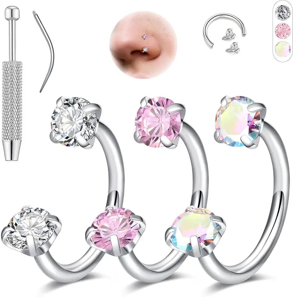 Aidenn 18G Horseshoe Nose Rings for Women, 6-8mm Horseshoe Piercing Jewelry Set Gold & Silver, Double Gem Horse Shoe Nose Rings Hoops Surgical Steel Cartilage Helix Tragus Earring Labret Lip With Tool