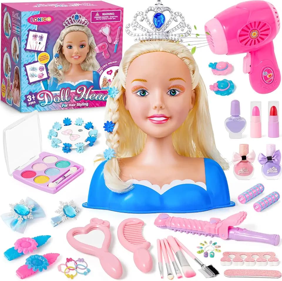 Frisierkopf Kinder Set Schminkkopf für Mädchen Kinder Spielzeug Puppenkopf Zum Frisieren Krone Haartrockner Kinderschminke Friseur Haarzubehör Weihnachten Geburtstags Geschenk Mädchen 3 4 5 6(Blau)