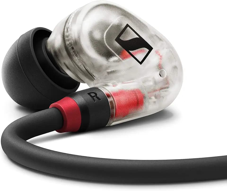 Sennheiser IE 100 PRO CLEAR Dynamische In-Ear-Hörer | Neuartiger 10mm-Breitbandwandler für Präzisen Monitoring-Sound | 1,3m Kabell und S/M/L-Silkon-Adapter Enhalten | Klar & Schwarz (508941)