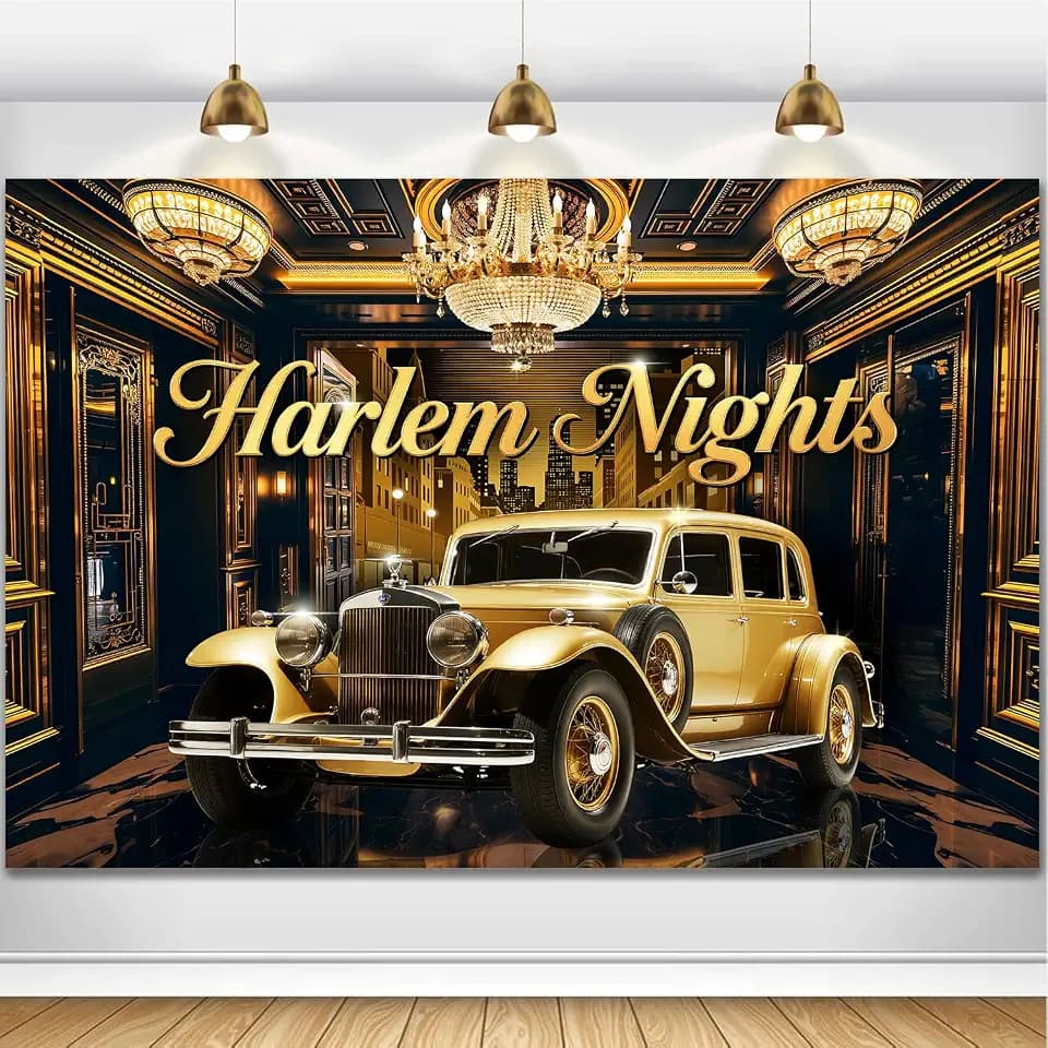 Harlem Nights Backdrop 1920s Vintage Car Photography Background Roaring 1920's Banner Black Gold Vintage Music Themed Speakeasy Decor Banner Portrait Photo Booth Studio Props 7x5ft FU019YL