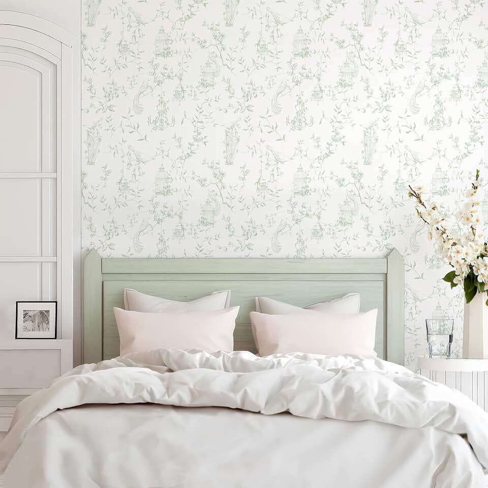 RollsRolla Toile Wallpaper Modern French Country Peel and Stick Vintage Ivory Beige Neutral Removable for Bathroom, Bedroom, Living Room - Birds and Flowers (Green)