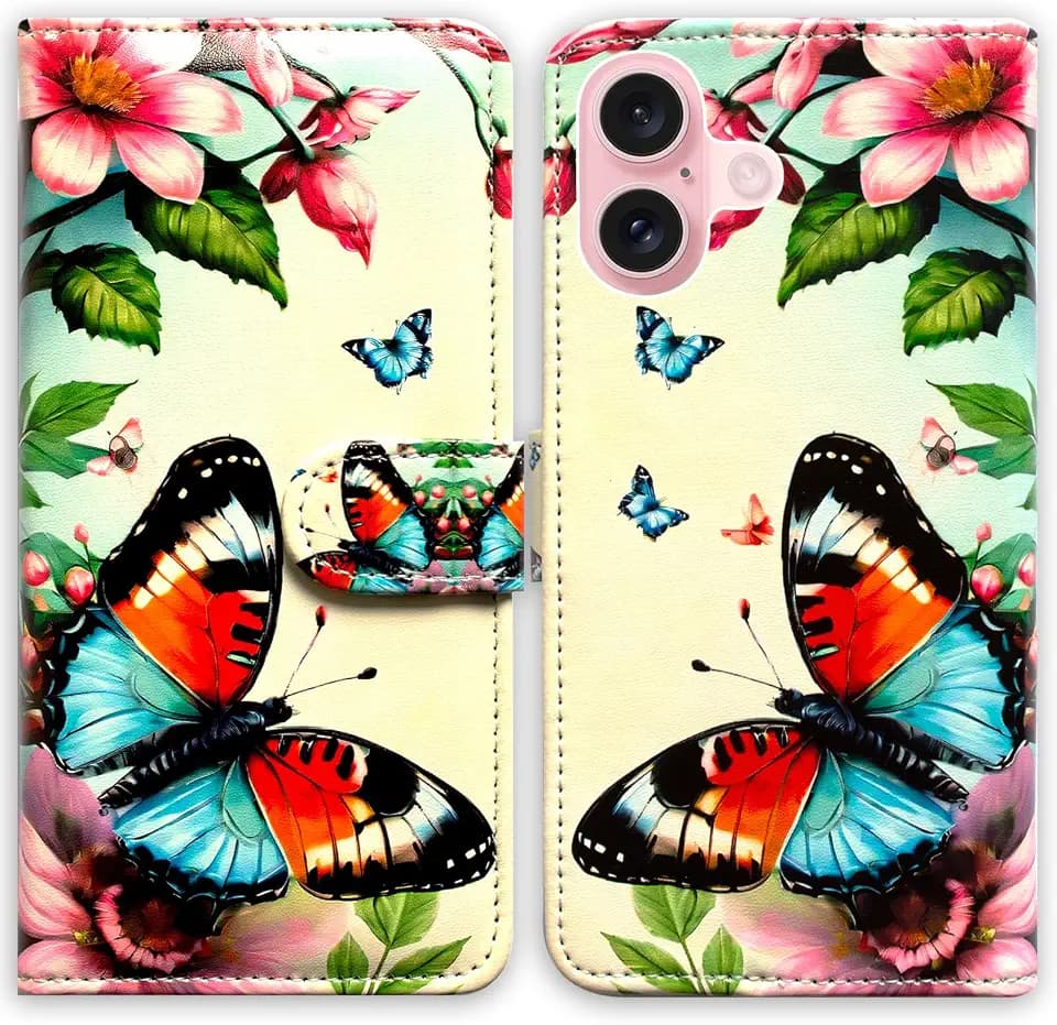 Case for iPhone 16 Plus with RFID Blocking,Red Blue Butterfly Flower Leather Flip Phone Case Wallet Cover with Card Slot Holder Kickstand for Apple iPhone 16 Plus
