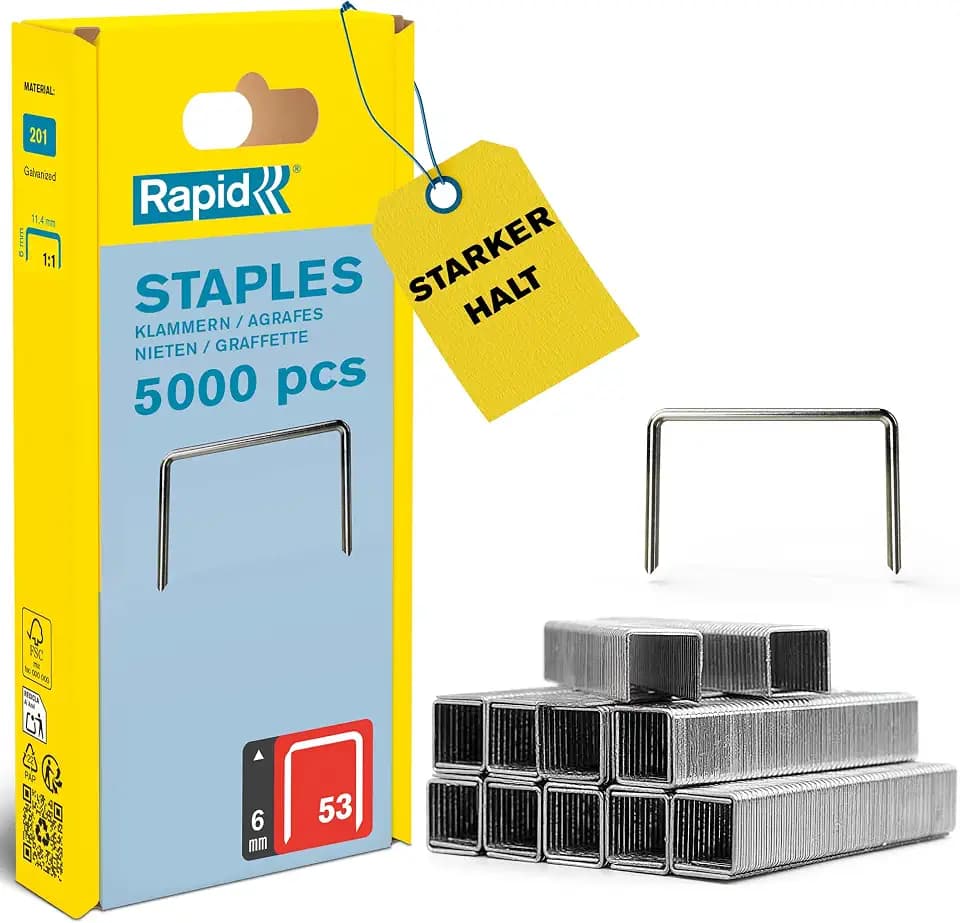 Rapid Tackerklammern Typ 53, 6 mm, 5.000 Stk. Feindrahtklammern | Galvanisierter Qualitätsstahl; präziser Anschnitt; kompatibel mit Typ 53 Tackern; für Holz, Stoffe und Leder; 6 mm Länge
