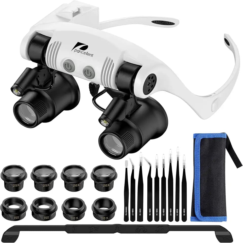 Pancellent Lupe zur Uhrenreparatur, Lupe zur Kopfmontage, 4 Abnehmbare Linsen, 2 LED-Leuchten, Freihändige Leselupe zum Lesen, Schmucklupe, Elektronische Reparatur (10-fach, 15-fach, 20-fach, 25-fach)