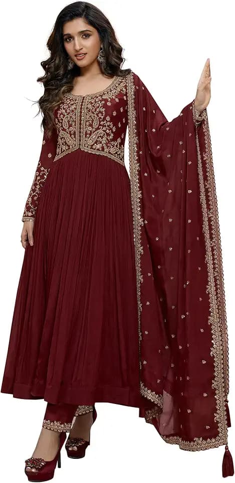 TRENDMALLS Damen Seidenmischung Stickerei Anarkali Kurta Hose Set mit Dupatta Salwar Anzug Set für Frauen