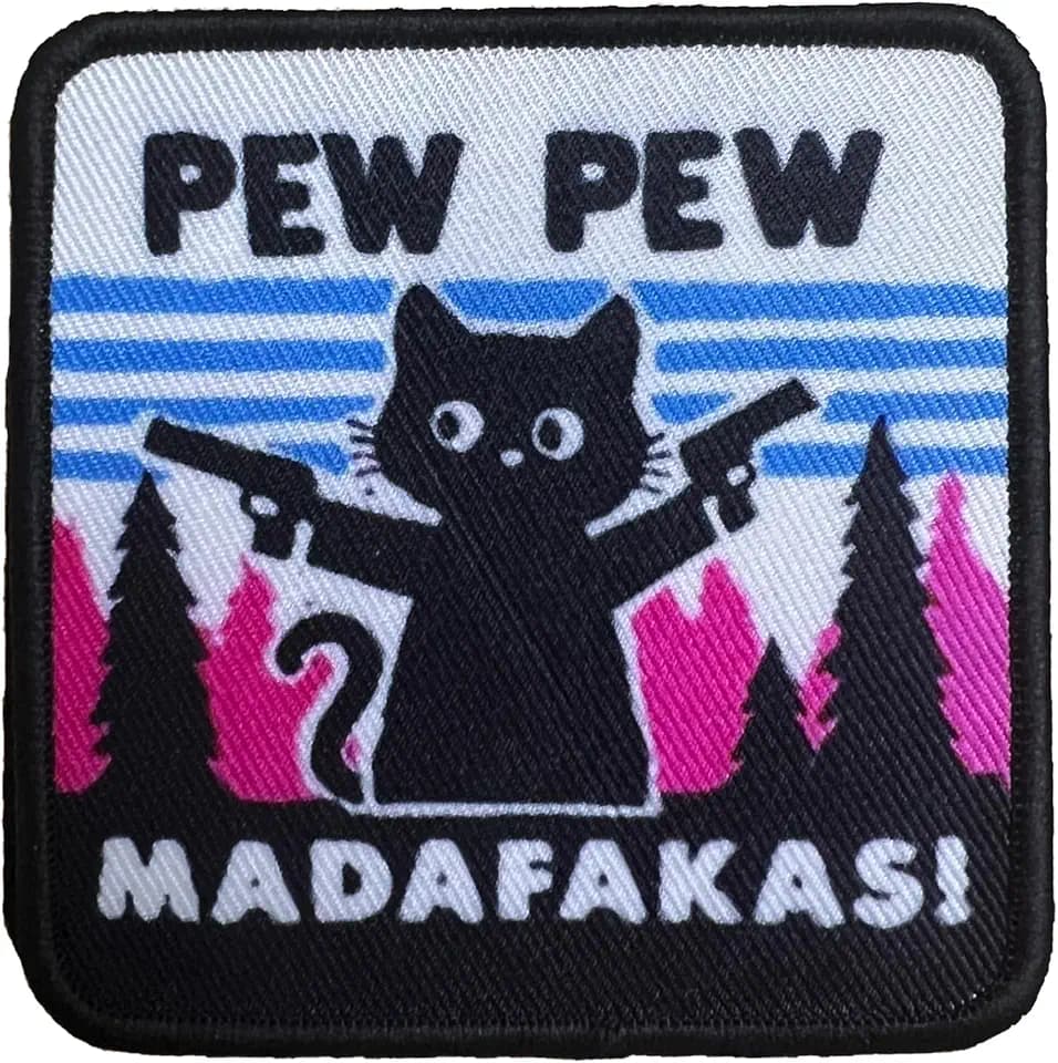 PEW PEW MADAFAKAS Schwarz Katze mit Pistole Aufnäher Moral Patches Klett Taktische Klettverschluss Für Kleidung Rucksack Baseballkappe Uniform Weste Hundegeschirr, Cyan, Geweben Drucken