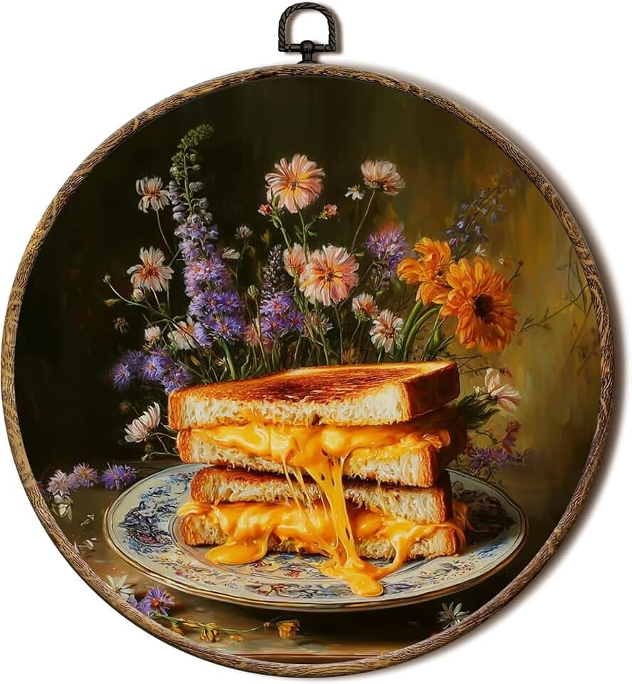 FSTCSV Moody Grilled Cheese Kitchen Food Round Wall Art Framed, Dark Whimsical Still Life Canvas Prints Wall Hanging Art,Funny Vintage Food Floral Circle Walls Decor for Kitchen Dining Room, 10x10in