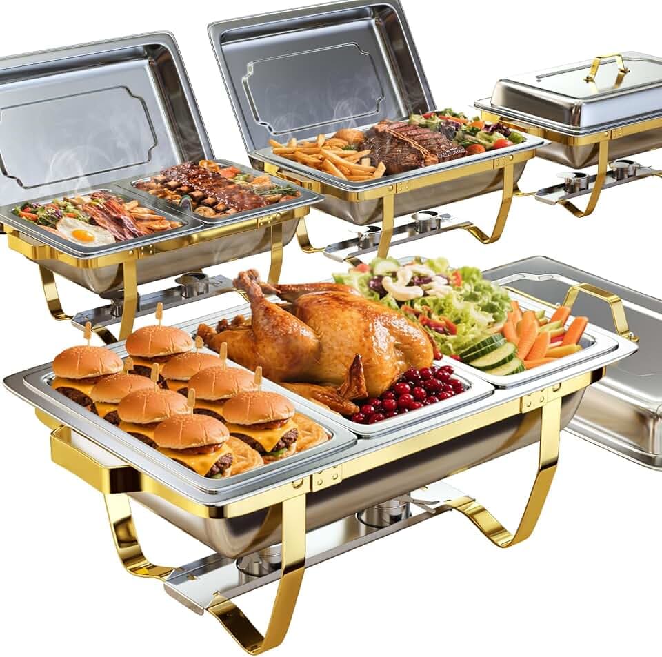 Nessxa Chafing Dishes for Buffet 4 Pack 7pan, 9QT [Elegant Gold and Silver Colors] Stainless Steel Chafing Dish Buffet Set [Sturdy and High Grade] Chafers and Buffet Warmers Sets