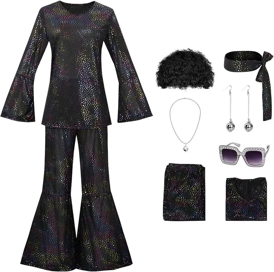 7 PCS 70s Disco Costume for Women Vintage 1970s Disco Outfit Sequin Top & Bell Bottoms with Accessories Set